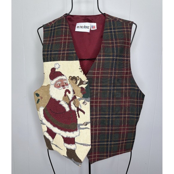 On The Verge Jackets & Blazers - Vintage‎ On the Verge Sz L Santa Teddy Bear Train Toys Vest Plaid Christmas